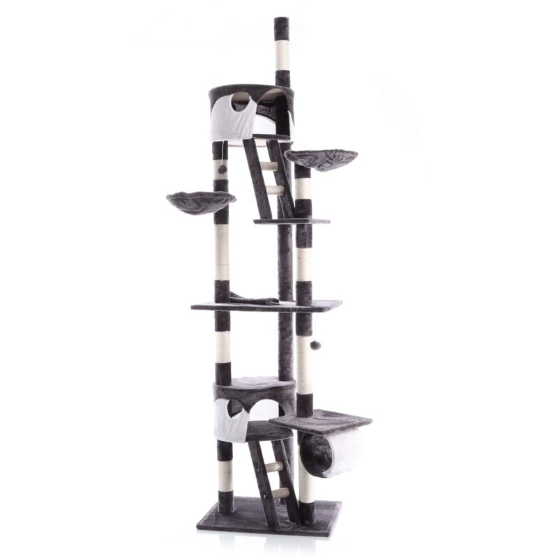Arbre à chat 240-260cm en gris/blanc Hauteur plafond avec cordes en Sisal Niches et Hamacs Grattoir
