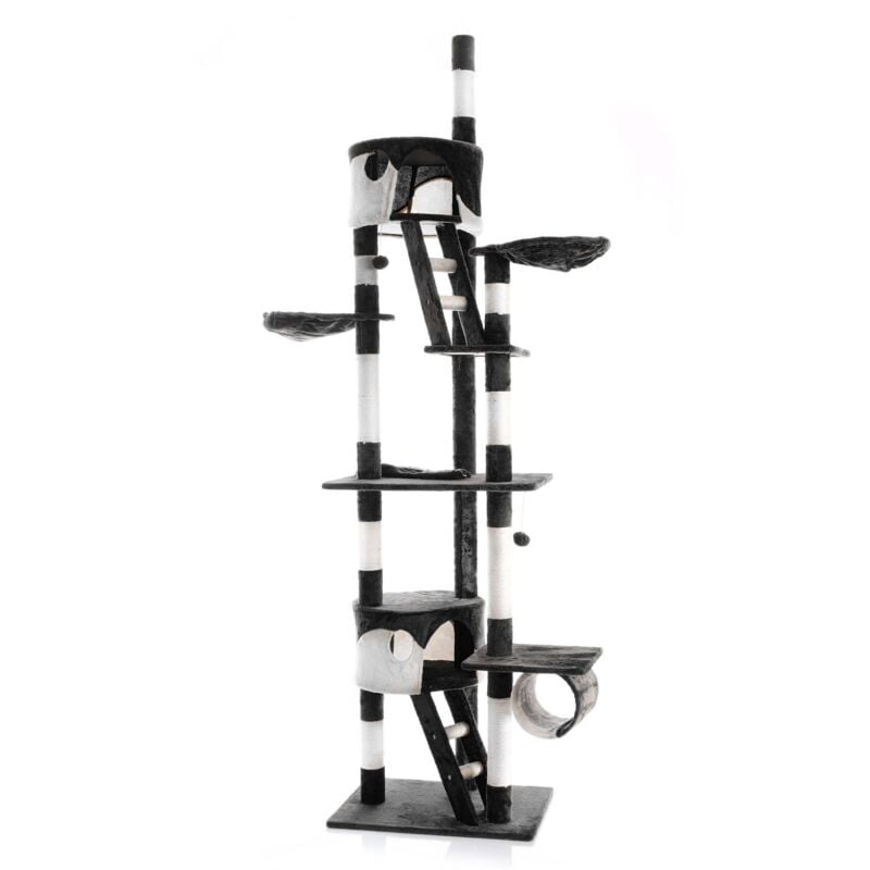 Arbre à chat 240-260cm en noir/blanc Hauteur plafond avec cordes en Sisal Niches et Hamacs Grattoir