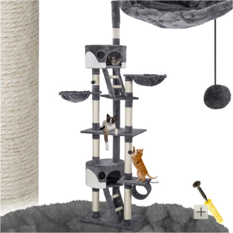 Arbre à chat 240 cm à 260 cm HANSI Griffoir avec 2 Hamacs + 2 Cabanes Gris / Blanc