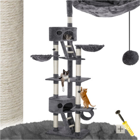 Arbre à chat 240 cm à 260 cm HANSI Griffoir avec 2 Hamacs + 2 Cabanes Gris