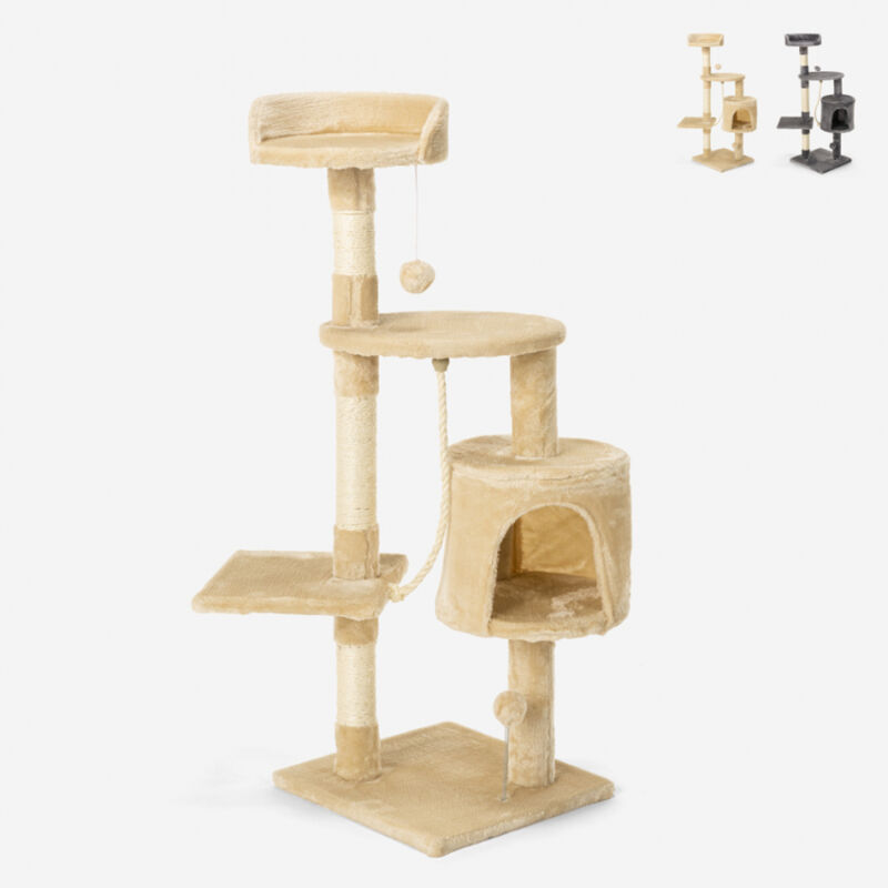 Arbre à chat 3 étages colonne en corde de sisal balle en peluche 115 cm Birman | Beige