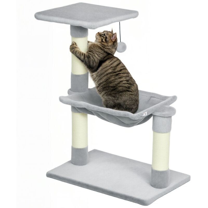 Arbre à chat 3 griffoirs grattoirs sisal naturel plateforme hamac et boule suspendue dim. 50L x 36l x 70H cm peluche haute densité 220 g/m² gris clair