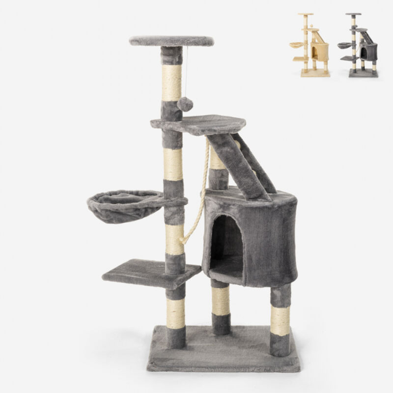 Arbre à chat 4 étages 120 cm colonne de corde de sisal couche et peluche Bengal | Gris