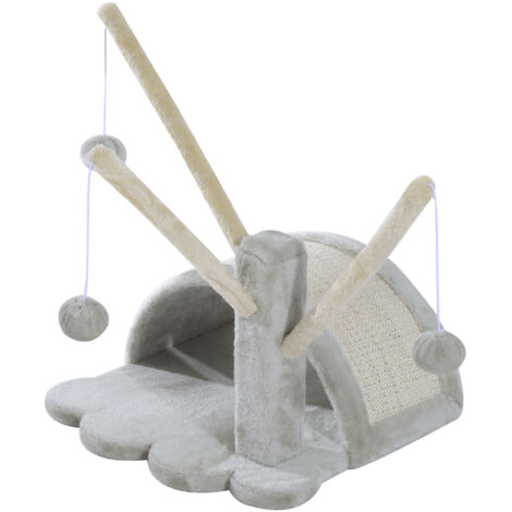 Arbre à chat 40 cm, petite tour avec cachette, 2 balles de jeu, tapis à griffer, griffoir, pour chats petits et grands, gris clair
