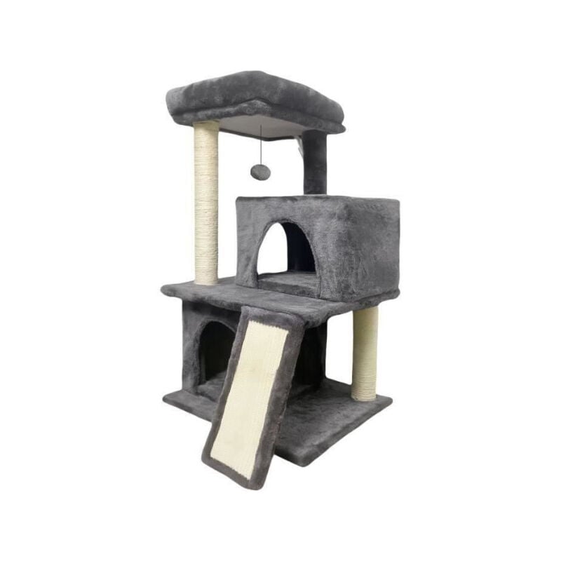 Flopi Arbre a chat gris foncé- 44,5 x 48 x 86 cm - Gris foncé - 1 plateforme, 1 balle de jeu, 2 niches, 1 rampe