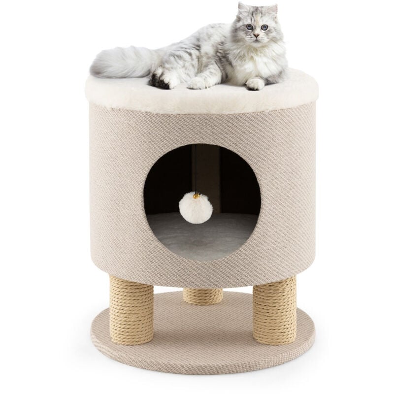 Helloshop26 - Arbre à chat 47 cm avec condo et poteaux griffoir charge 60 kg tour de jeux pour chats avec balle en peluche beige