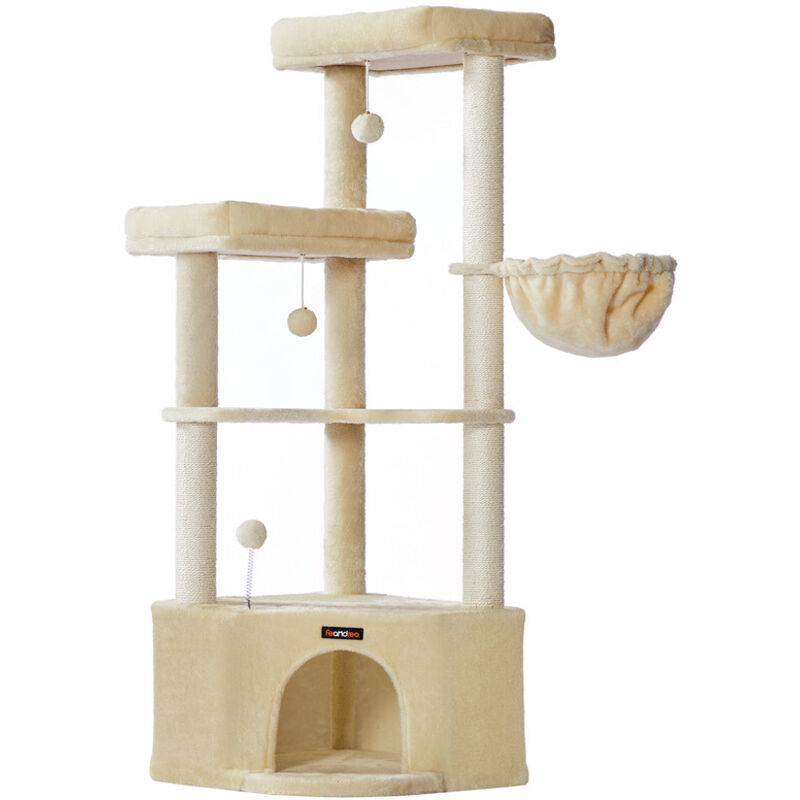 Arbre à Chat, 48,5 x 48,5 x 140,7 cm, Tour de Jeux pour Chats, avec Niche, Grandes Plateformes, Balles en Peluche, Hamac, Beige Sable