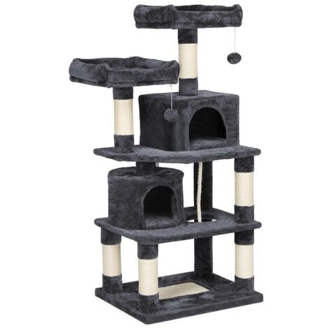 Arbre à Chat 60 x 48 x 145 cm Gris Foncé Griffoir 2 Niche 2 Perchoirs 2 Boules de Peluche