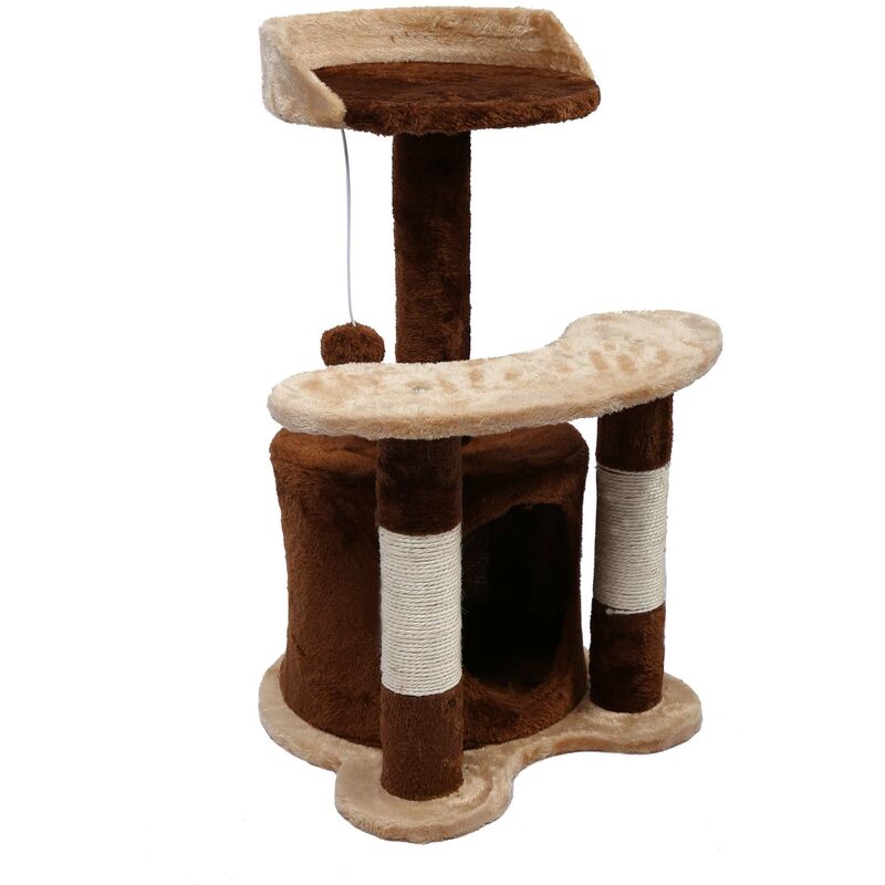 Arbre à chat 67 cm marron/ beige avec corde en Sisal Plateforme Niche et balle de jeux Griffoir