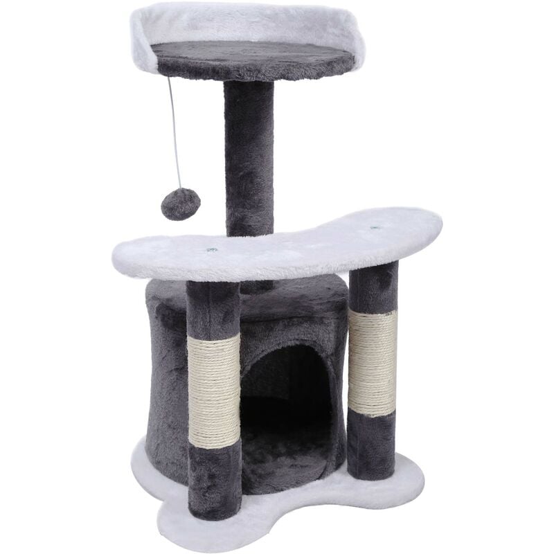 Arbre à chat 67 cm gris/ blanc avec corde en Sisal Plateforme Niche et balle de jeux Griffoir