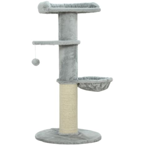 Arbre à chat à griffer, poteaux en sisal, plusieurs niveaux, tissu peluche, balle suspendue, gris clair