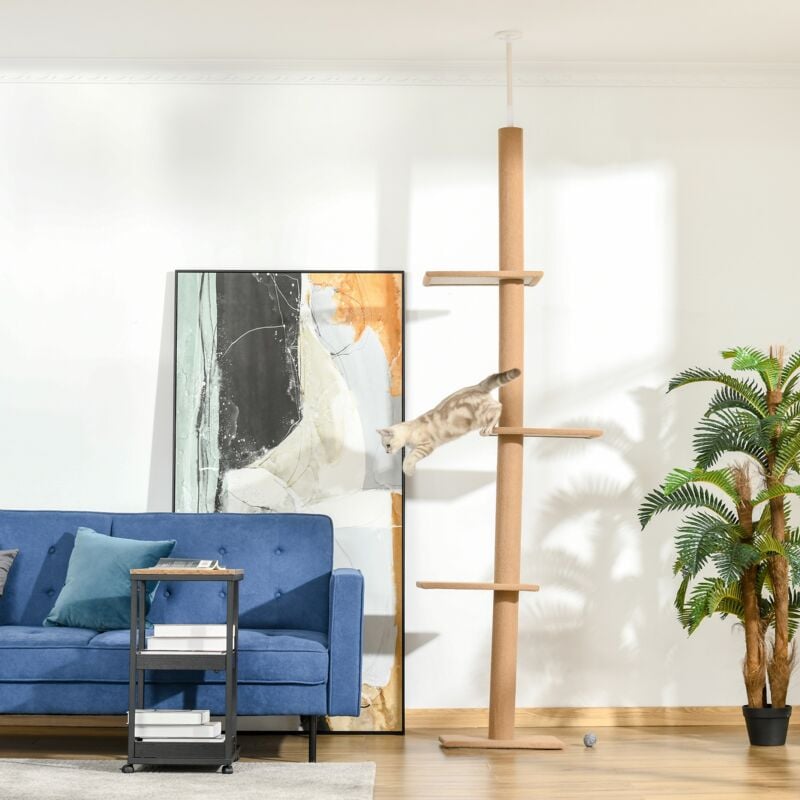 Arbre à chat, arbre grimpant en sisal, griffoir réglable en hauteur pour que les chats puissent se détendre et jouer, 43x27x228-260cm, Beige