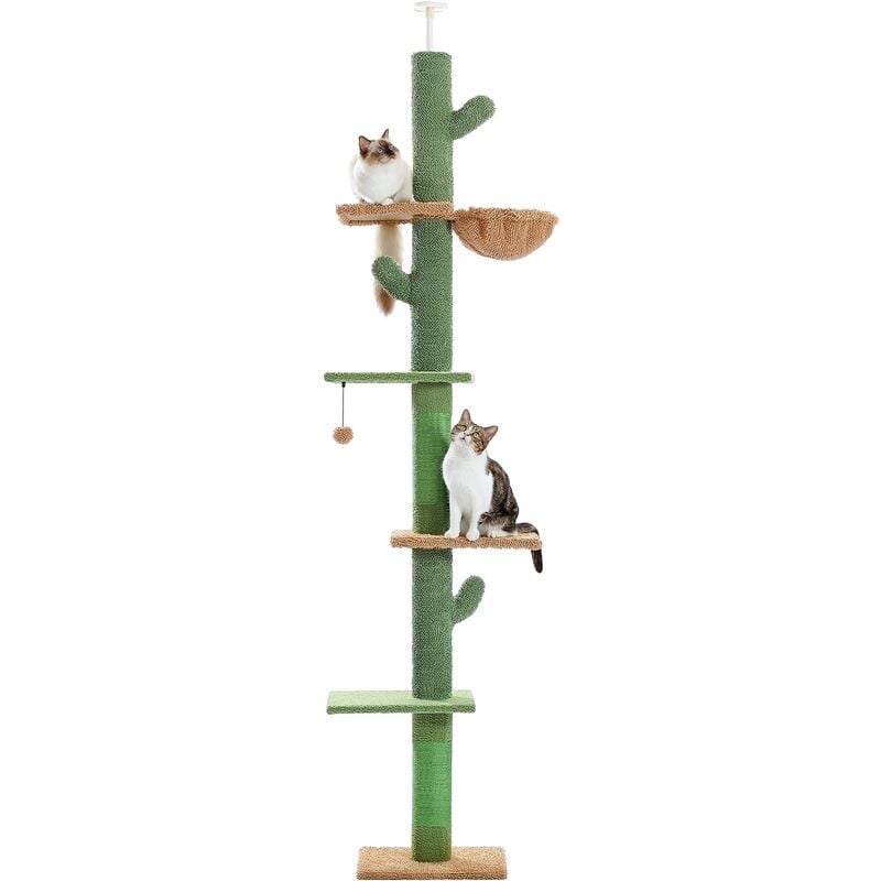 Arbre à Chat du Sol au Plafond, Poteau Griffoir Sisal, Hauteur Réglable 238-275cm, Vert Cactus - Pawz Road