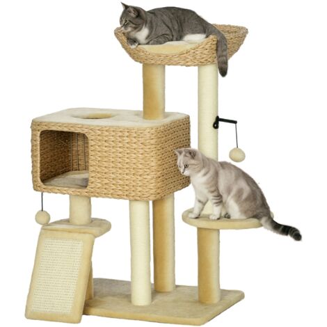 Arbre à chat avec cabane, lit, plateforme et rampe 60x40x98 cm naturel beige