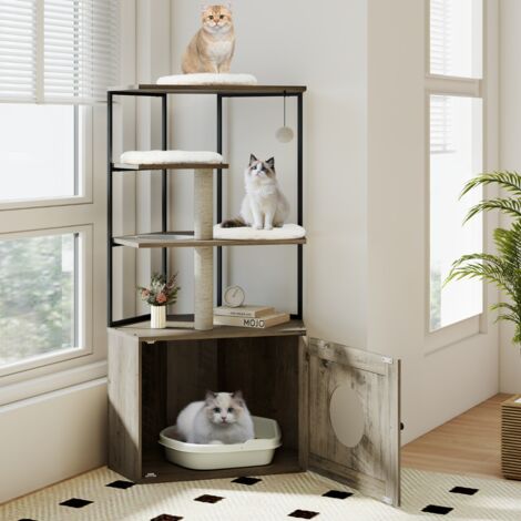 Arbre à Chat avec Enclos pour Litière Meuble Moderne pour Chat avec 2 Poteaux à Gratter et 3 Tapis Structure en Métal Balle Suspendue Gris