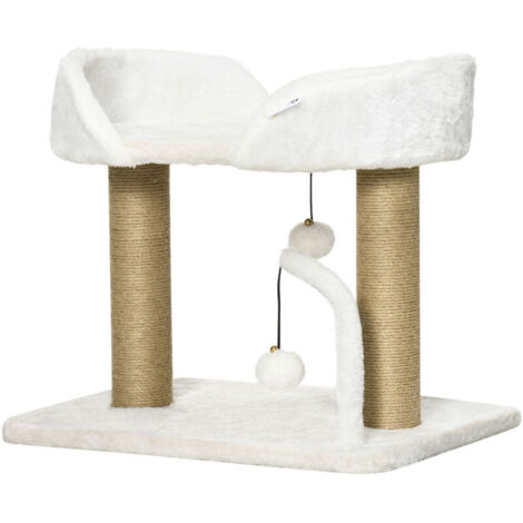 Arbre à chat avec grattoir, comprenant 2 pompons suspendus, 2 poteaux en sisal, une plateforme en peluche de sisal, 48 x 38 x 42 cm, beige