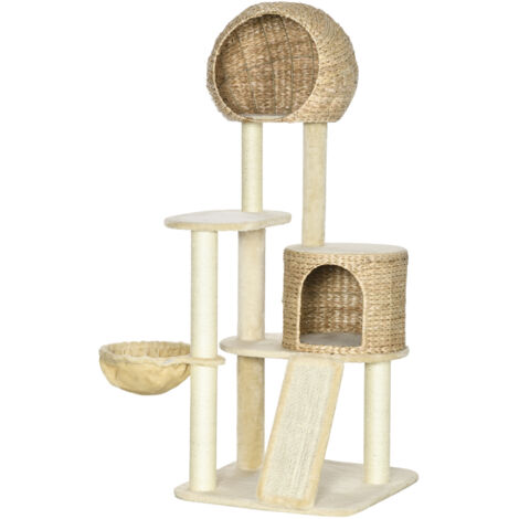 Arbre à chat avec griffoir en sisal naturel, plateforme hamac 2 places, revêtement peluche jacinthe d'eau - 60 x 60 x 150 cm Beige