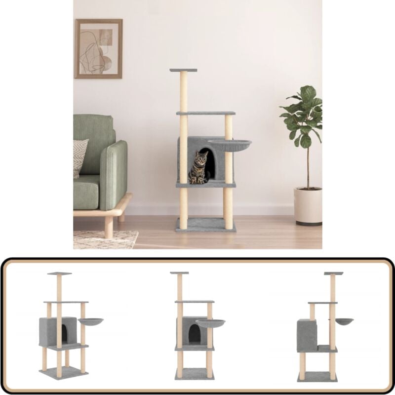 Arbre à chat avec griffoirs en sisal gris clair 132 cm - Arbre à Chat - Meuble Pour Chat - Tour Pour Chat - Griffoir Chat - Jouet Chat