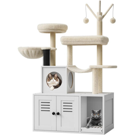 Arbre à Chat avec Maison de Toilettes,Tour de Jeu Moderne 2-en-1, Niche pour Chat de avec Chache-litière, Poteaux à Griffer,blanc