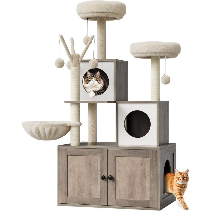 Arbre à Chat avec Maison de Toilettes,Tour de Jeu Moderne 2-en-1, Niche pour Chat de avec Chache-litière, Poteaux à Griffer,gris