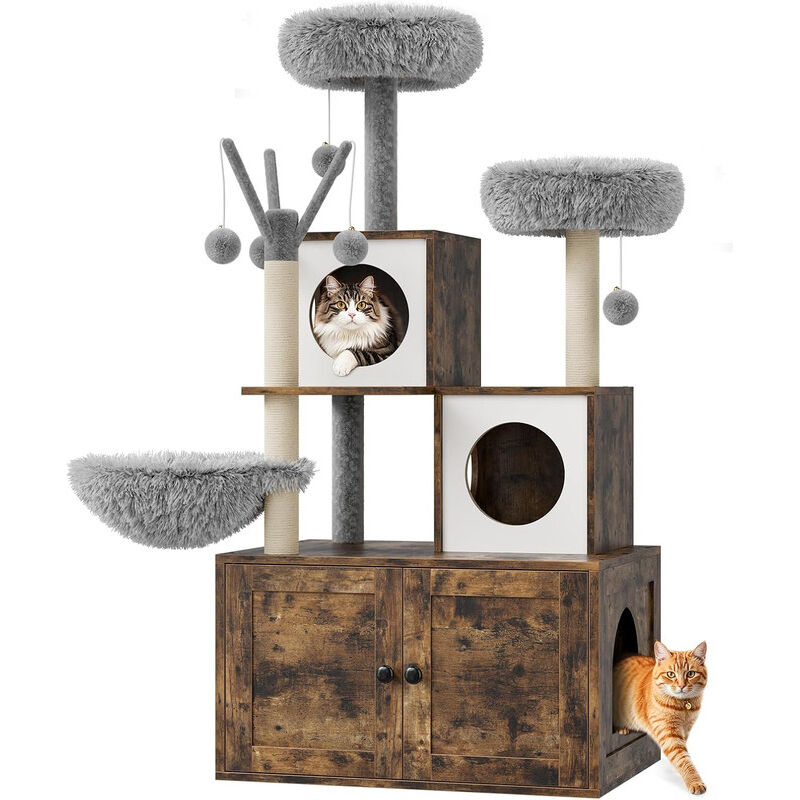 Arbre à Chat avec Maison de Toilettes,Tour de Jeu Moderne 2-en-1, Niche pour Chat de avec Chache-litière, Poteaux à Griffer,MARRON