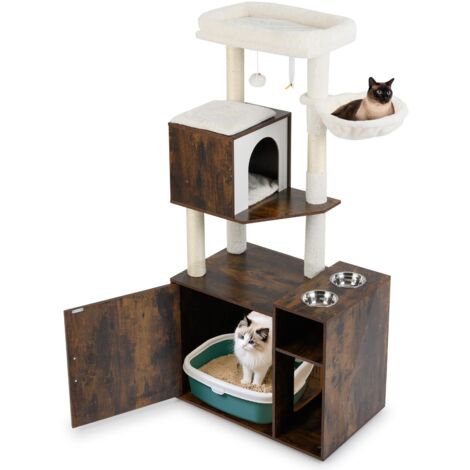 arbre à chat avec meuble caché pour bac à litière, bois, tour pour chat, poteau en sisal, tapis à griffer, balle suspendue, perchoir supérieur, baig
