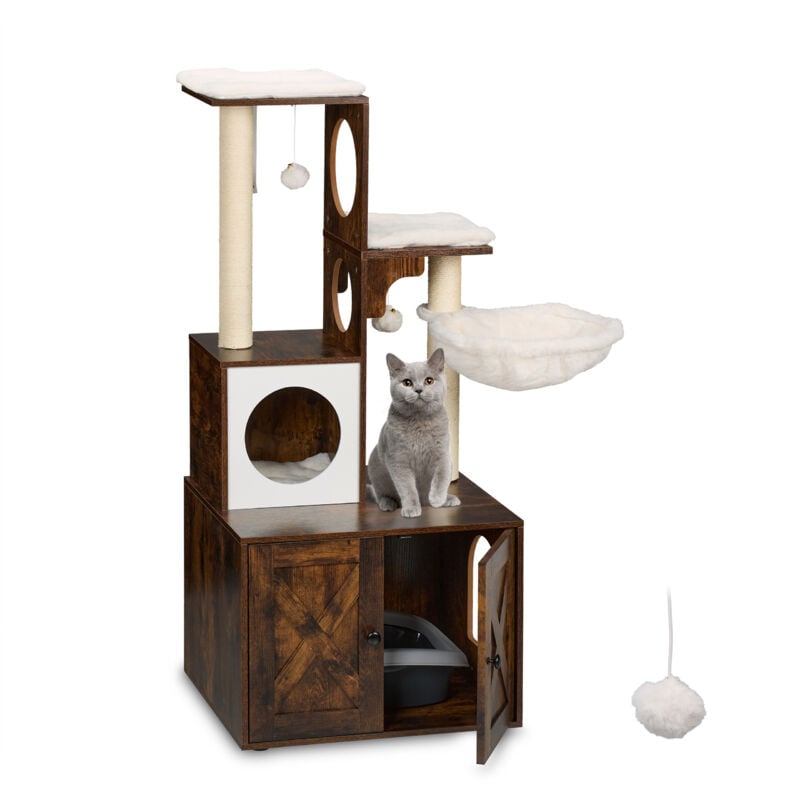 Arbre à chat avec placard à litière, hbt 128x95x52 cm, sisal & niche, style industriel, brun-blanc - Relaxdays