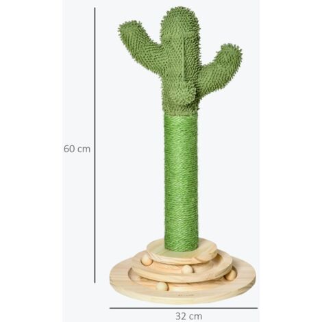 Arbre à chat cactus pin bois et sisal, balle bois jeu 60cm vert naturel