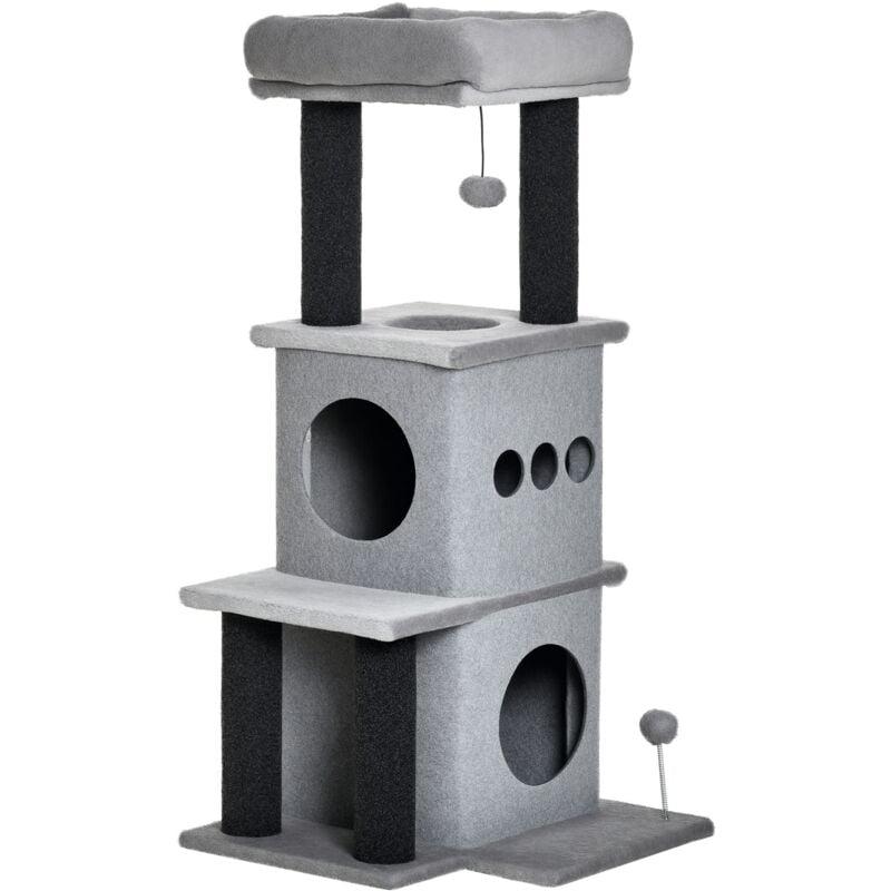 Arbre à chat centre d'activités griffoirs jeu boule suspendue et à ressort 2 niches housses amovibles plateformes gris