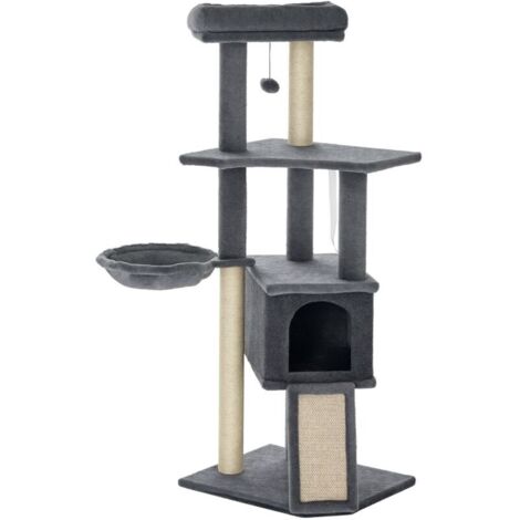 Arbre à chat centre d'activités multi-équipé griffoirs grattoir jeu boule suspendue niche plateformes gris