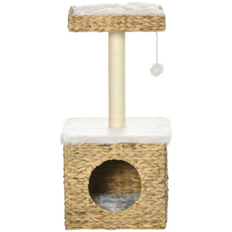 Arbre à chat comporte deux niveaux, avec une niche, un pilier en sisal, une plateforme d'observation et une jacinthe d'eau suspendue