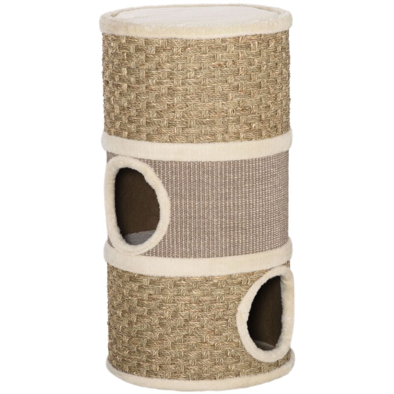 Arbre à chat cylindrique - tour à griffer pour chat - arbre à chat tour - Tonneau griffoir - 3 niches + plateforme - sisal corde d'algues beige