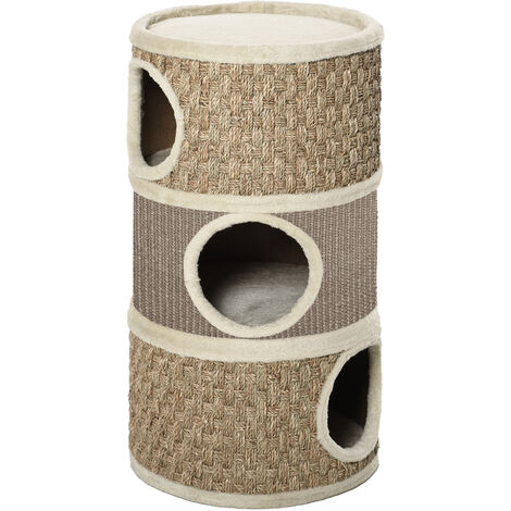 Arbre à chat cylindrique - tour à griffer pour chat - arbre à chat tour - Tonneau griffoir - 3 niches + plateforme - sisal corde d'algues beige