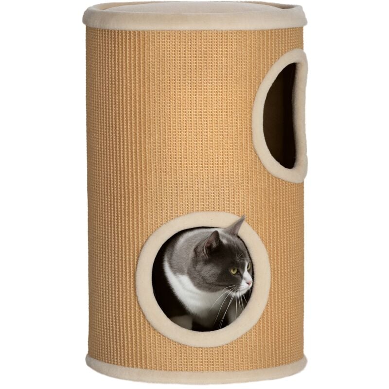 Arbre à chat cylindrique - tour à griffer pour chat - tonneau griffoir - 2 niches + plateforme - sisal peluche beige