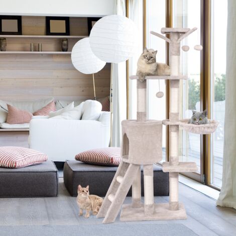 Arbre à Chat de 140cm Multi-Niveaux avec Griffoirs en Sisal Condo Panier et Perchoir Echelle Bâton à Pompon Balles Suspendues Beige
