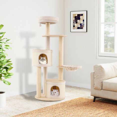 Arbre à Chat de 152 CM Tour en Bois pour Chatons avec Griffoirs en Sisal & Tapis 2 Condos Perchoir Hamac Jouet Suspendu Coussin Naturel