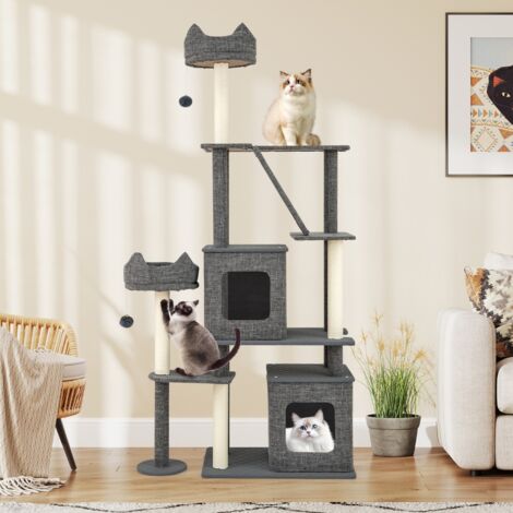 Arbre à Chat de 180 cm Tour pour Chat à Plusieurs Niveaux avec Griffoirs Planche en Sisal et Echelle 2 Cabanes Amovibles Perchoir Gris