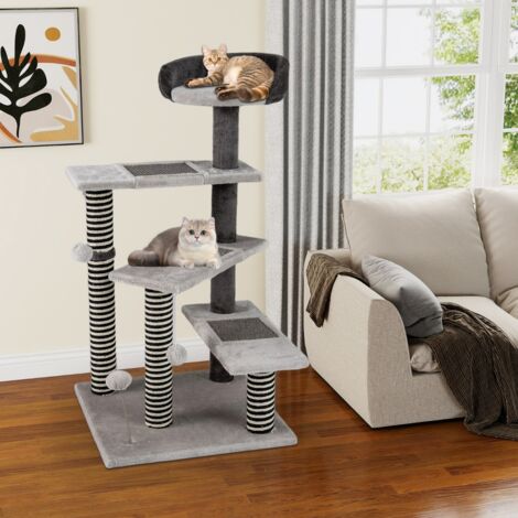 Arbre à Chat de 93 cm de Haut Tour à Chatons à 5 Niveaux avec Poteaux à Griffer en Sisal et Jute Tapis Étagère Rembourrée 3 Plateformes Gris