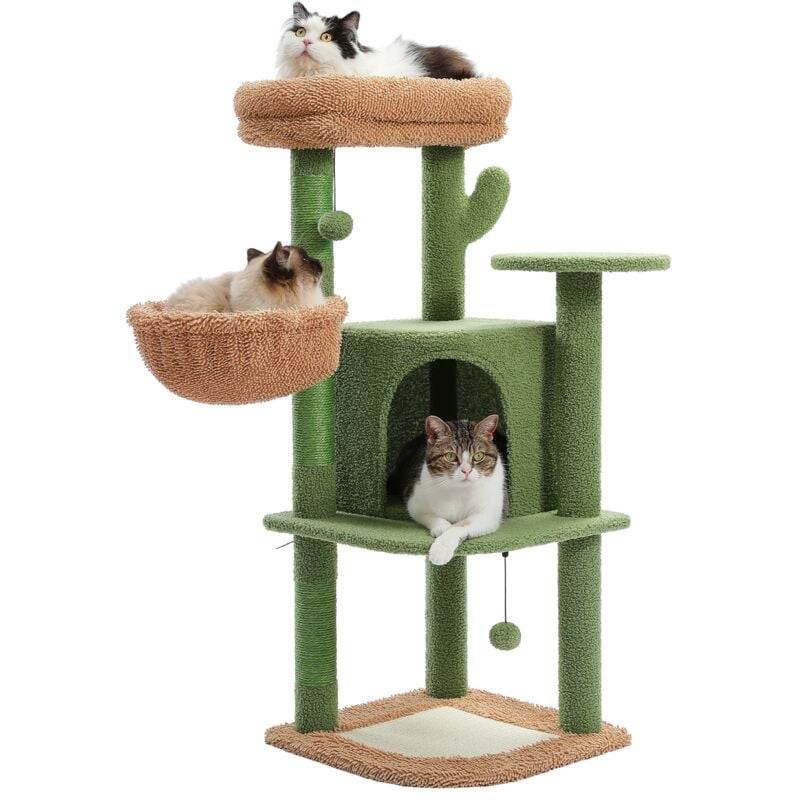 Arbre à Chat Cactus Moderne, Poteau Griffoir avec Boule en Peluche, Grotte Corde en sisal, Vert, 107cm - Pawz Road