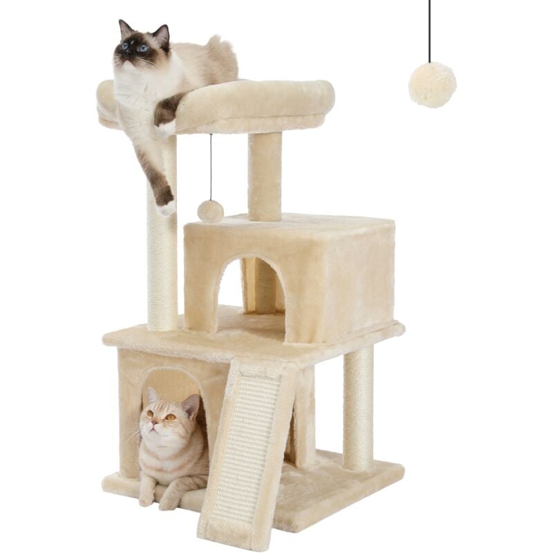 Petit Arbre à Chat avec 2 Condos Douillets, Perchoir Moelleux, Griffoir et Poteaux en sisal & Pompons Suspendus, 86 cm, Beige - Pawz Road