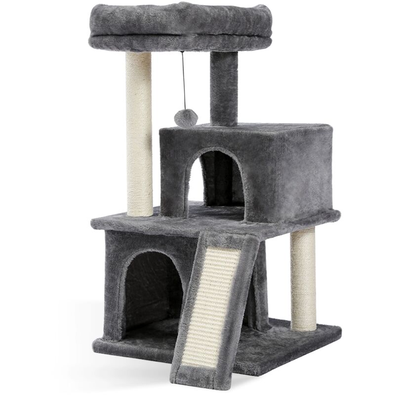Petit Arbre à Chat avec 2 Condos Douillets, Perchoir Moelleux, Griffoir et Poteaux en sisal & Pompons Suspendus, 86 cm, Gris - Pawz Road