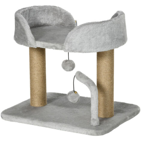 Arbre à chat design avec griffoir, jouet, 2 pompons suspendus, 2 poteaux en jute, plateforme en jute peluche, 48 x 38 x 42 cm, gris
