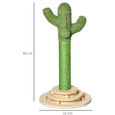 Arbre à chat design cactus, griffoir sisal naturel, pompon et boules jeu, plateforme intégrée vert