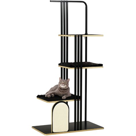 Arbre à chat design industriel 4 niveaux noir avec 2 coussins et griffoir sisal 85x48x170 cm