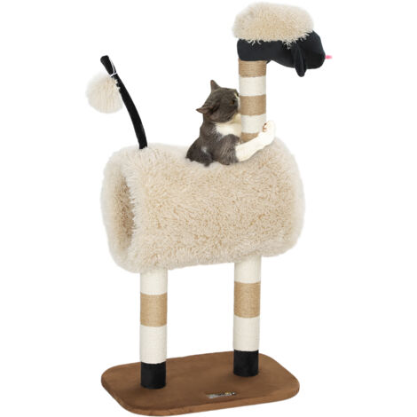 Arbre à chat design mouton, avec poteau à griffer, tunnel et jouet, 98 cm, beige clair