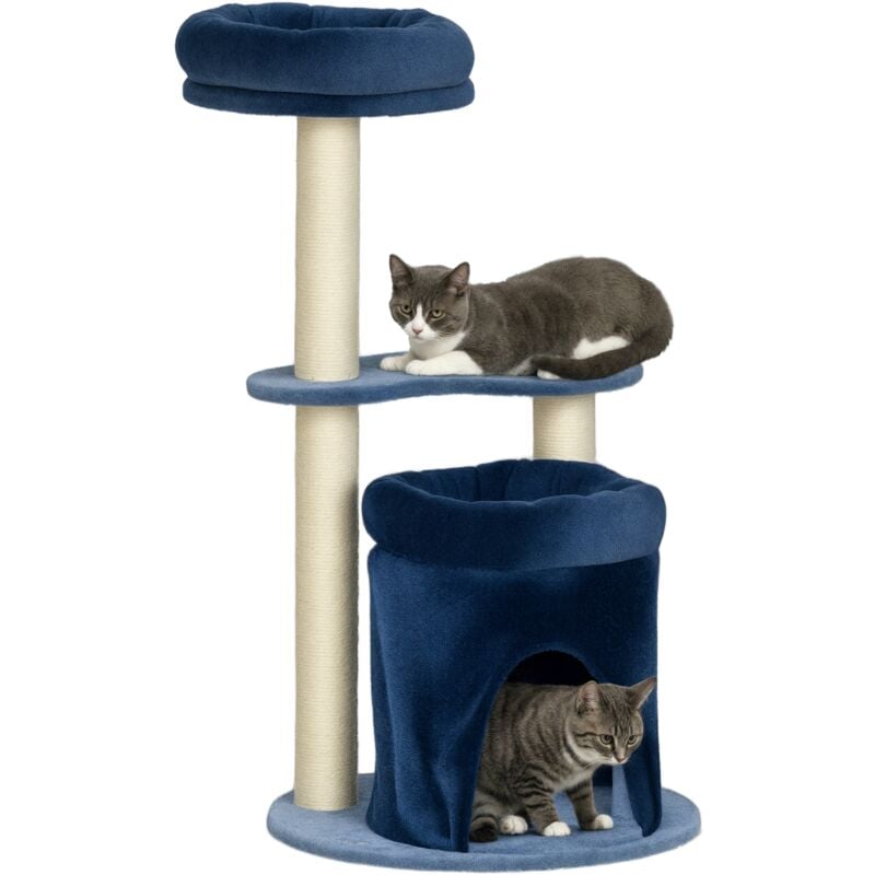 Arbre à chat design - niche, 2 plateformes, 2 coussins, griffoirs - peluche bleu roi