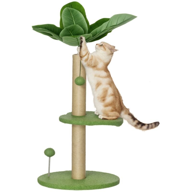 Arbre à chat design tropical - plateforme, griffoir, 2 jeux boules - beige vert
