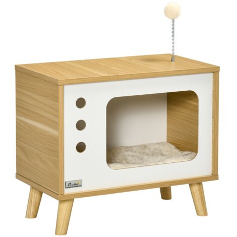 Arbre à chat design TV avec balle de jeu et coussin inclus panier pour chat chêne beige blanc 50x28x43cm