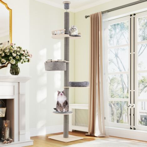 Arbre à Chat du Sol au Plafond avec Hauteur Ajustable de 236-271 CM Tour à 5 Niveaux avec Perchoir Lit Douillet Hamac Poteaux à Griffer Gris