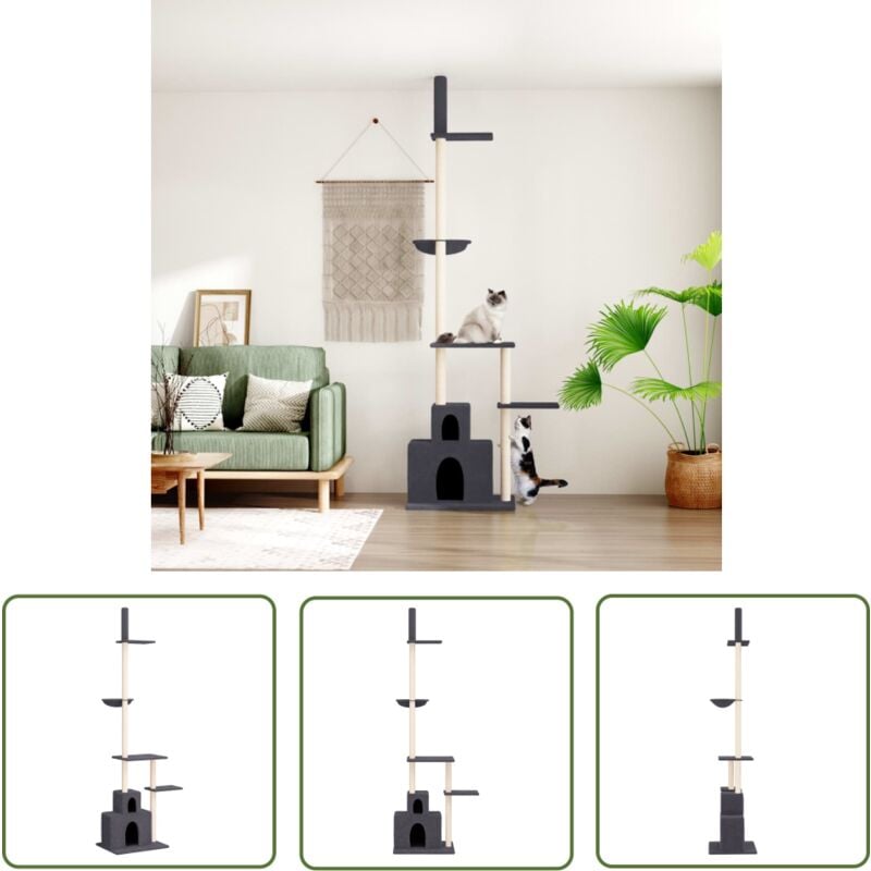The Living Store Arbre à chat du sol au plafond Gris foncé 250,5-276,5 cm - Arbre à Chat - Meuble Pour Chat - Griffoir Chat - Jouet Chat - Maison